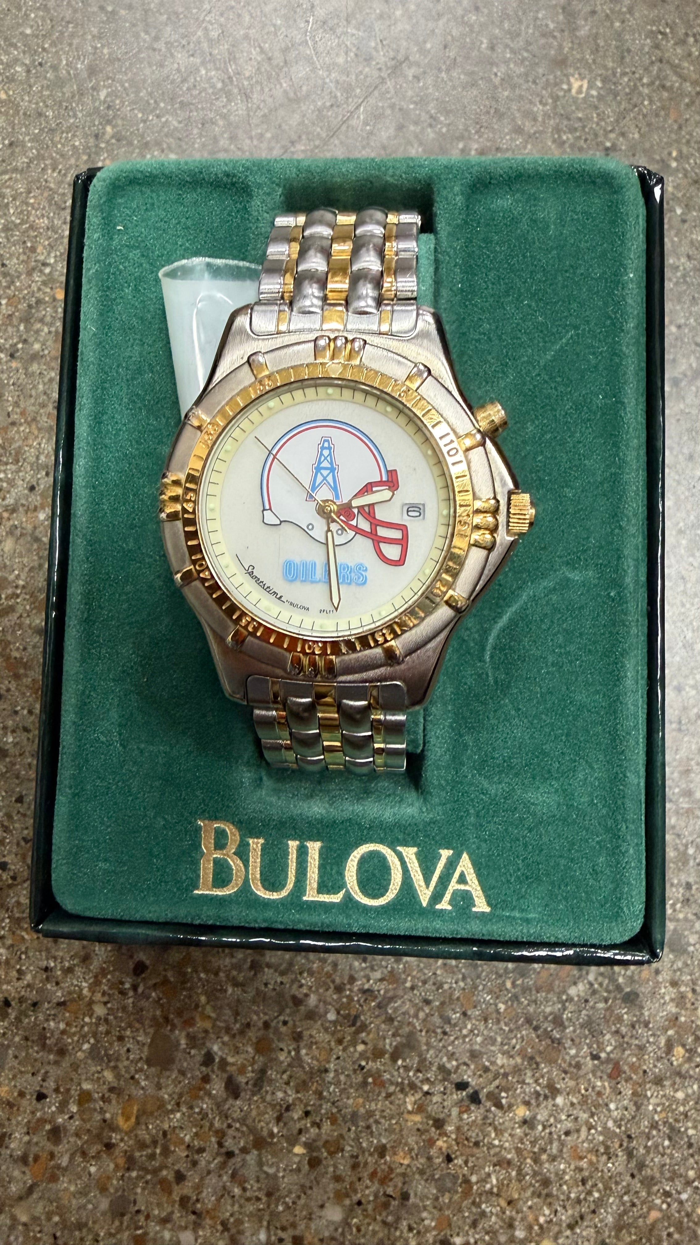 90s Bulova Sportstime Oilers Watch w/ Extra Links & Box (New Batt. 04/2026)