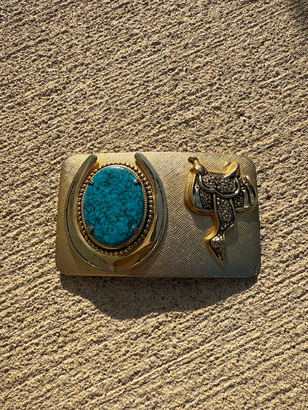 Saddle & Faux Turquoise Belt Buckle - 4”