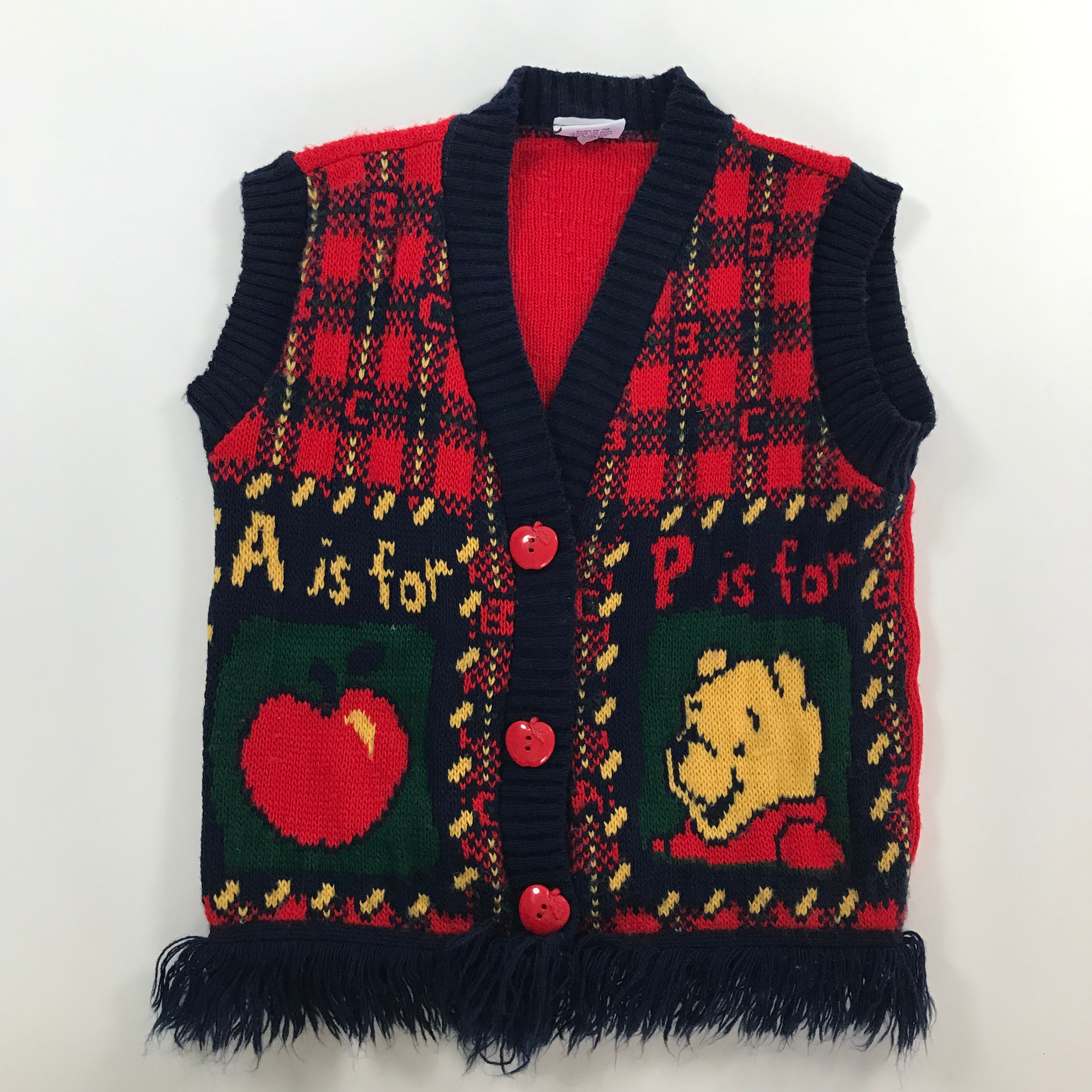 KIDS 90s "A is for Apple" Rare Winnie the Pooh Fringe Cardigan - N/S