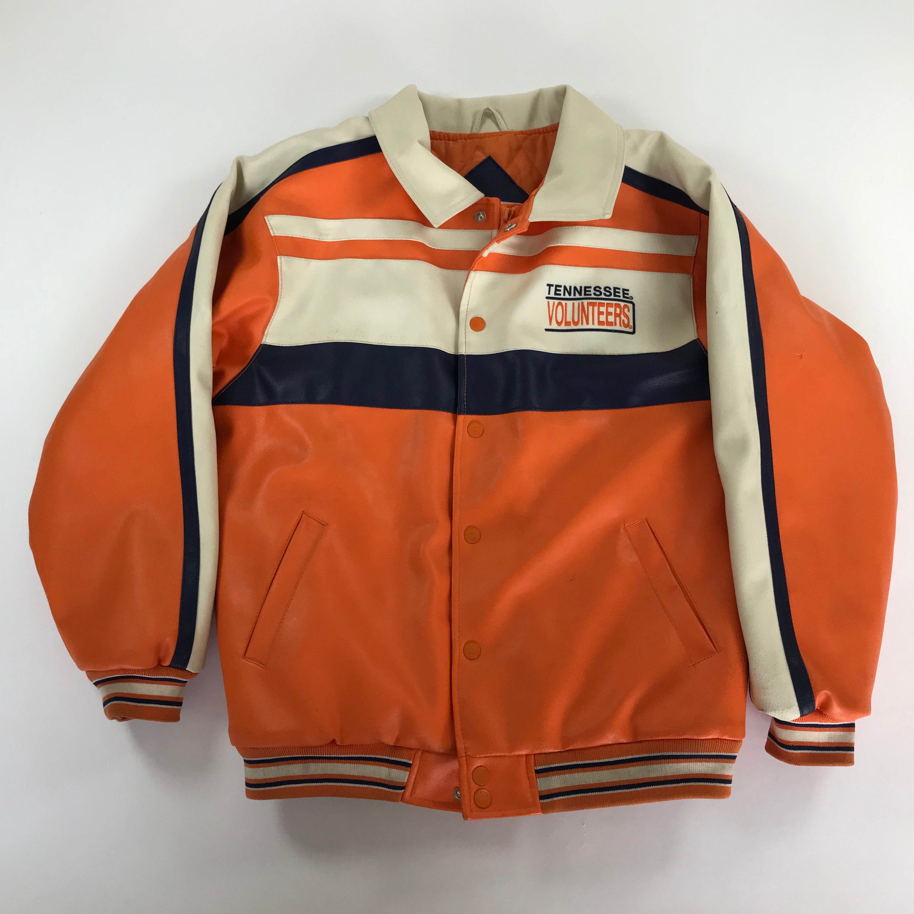 90s Navy/Orange/Cream UT Vols Vegan Leather Jacket - Adult S / Youth L