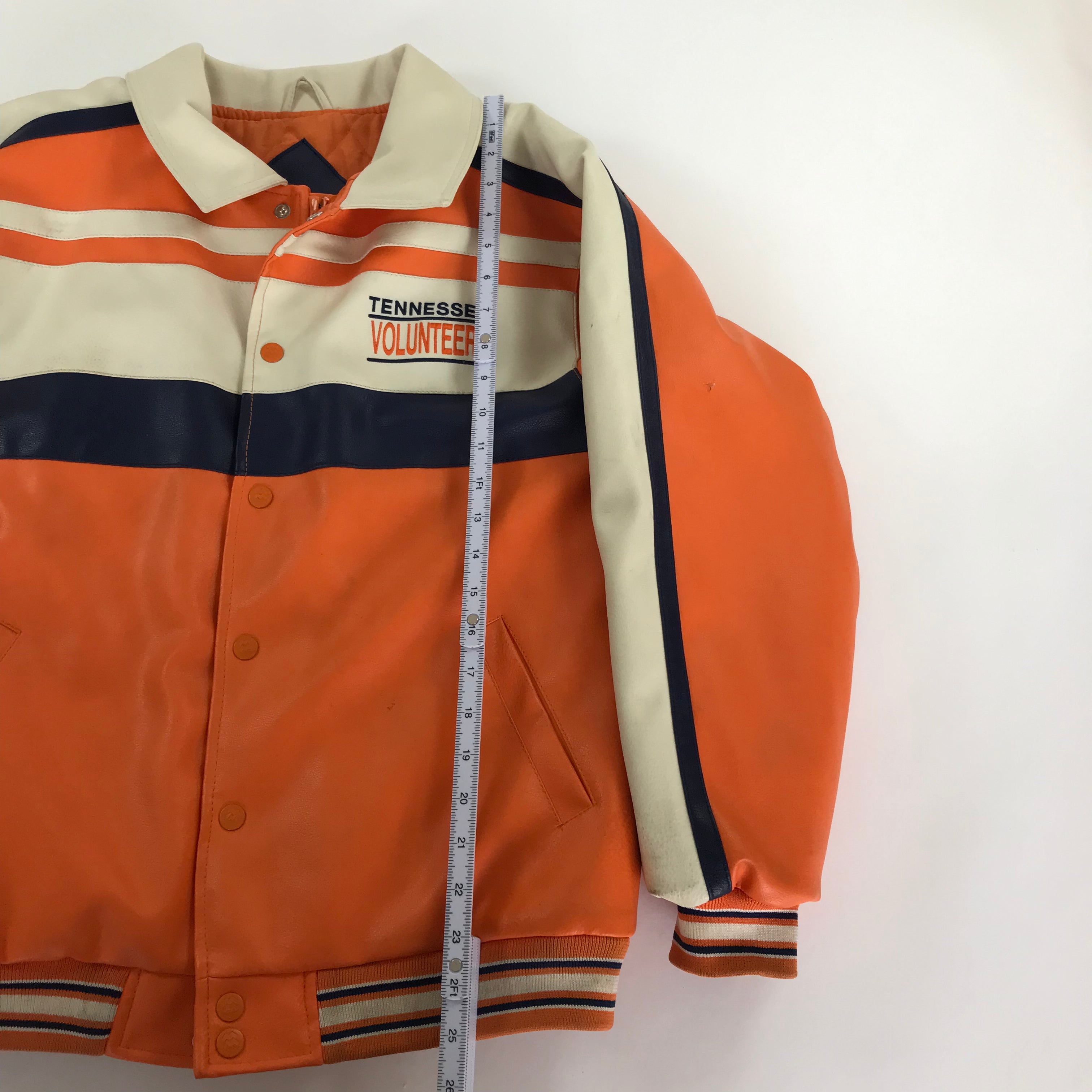 90s Navy/Orange/Cream UT Vols Vegan Leather Jacket - Adult S / Youth L