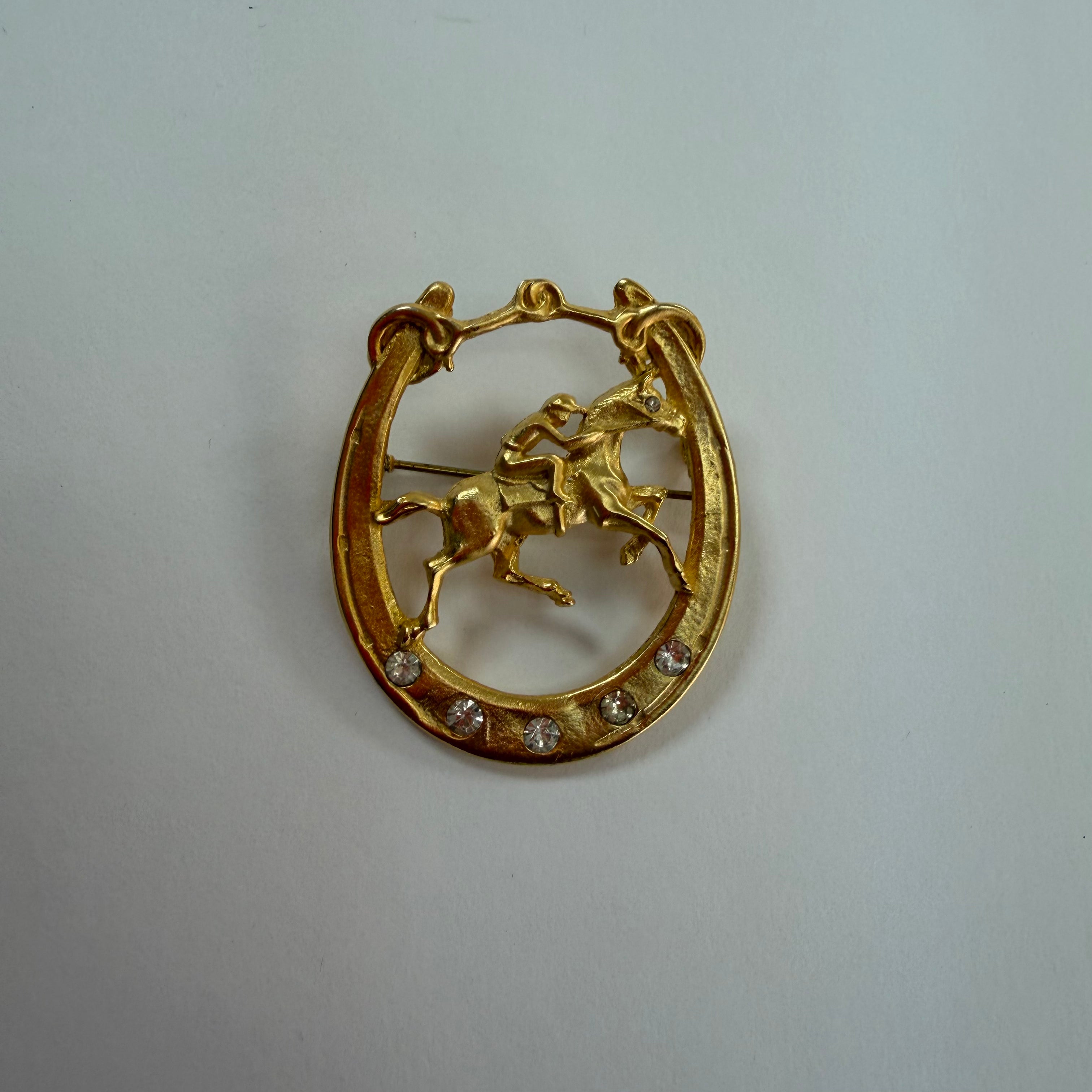 Gold Tone Jeweled Horseshoe Brooch