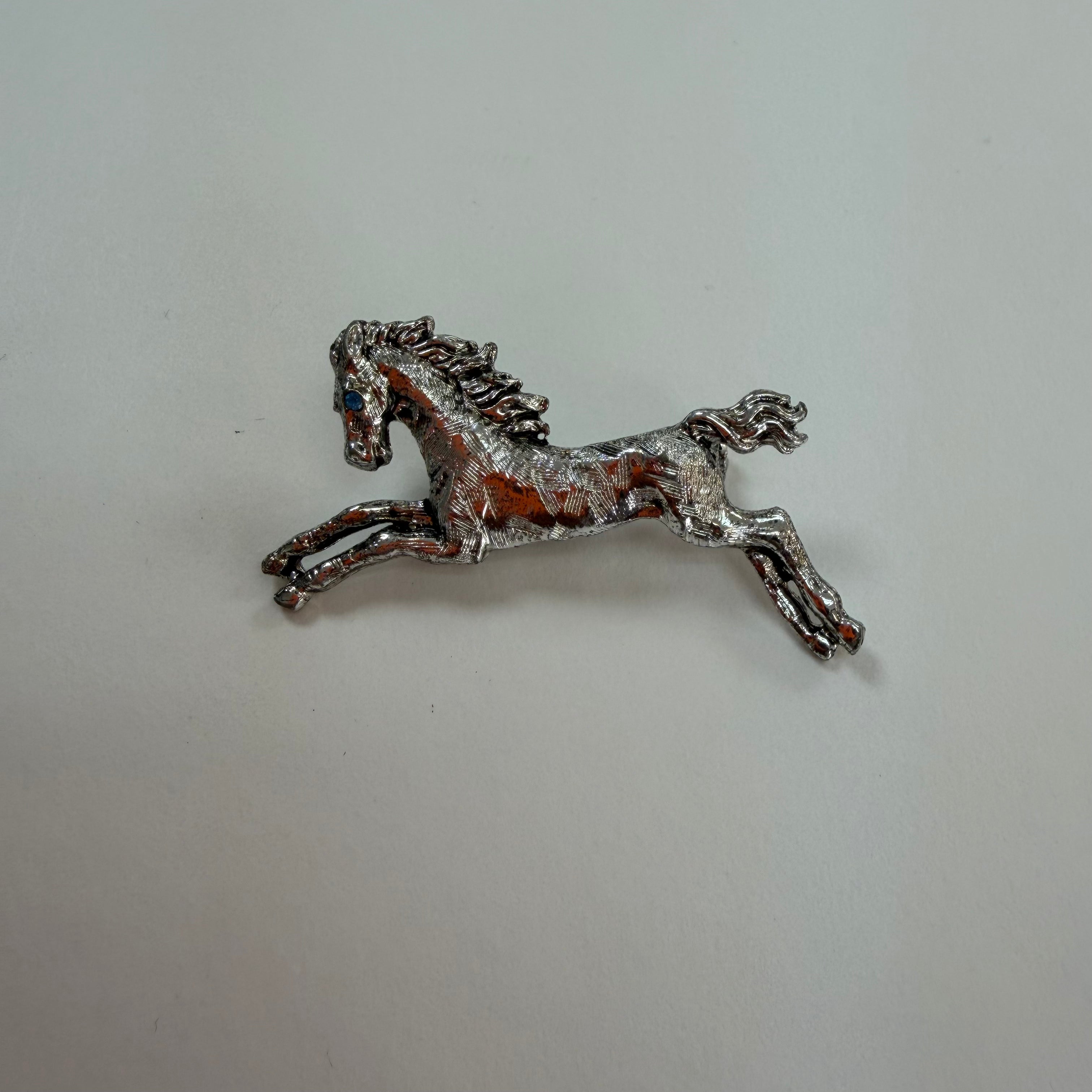 Silver Tone Blue Jeweled Eye Etched Horse Brooch