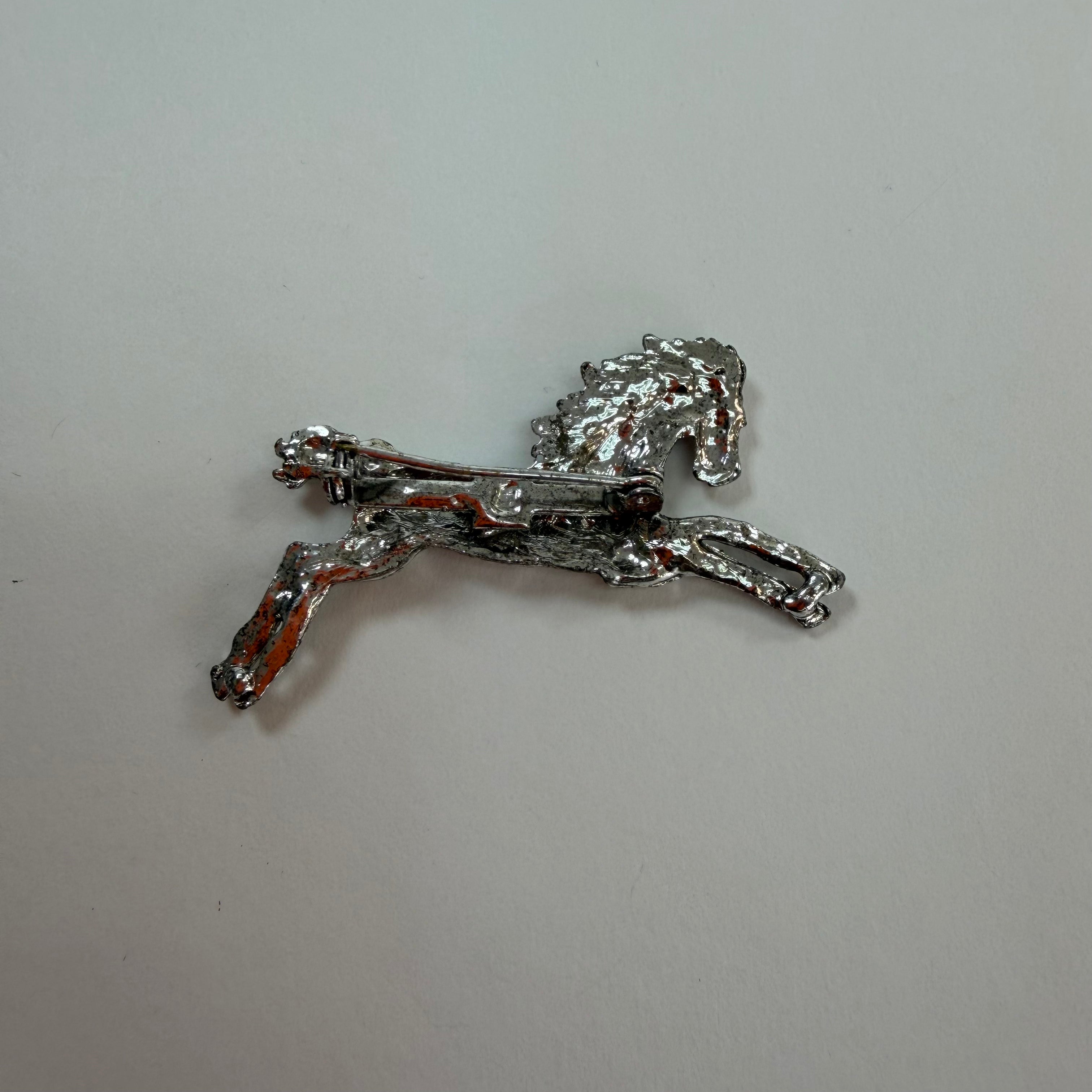 Silver Tone Blue Jeweled Eye Etched Horse Brooch