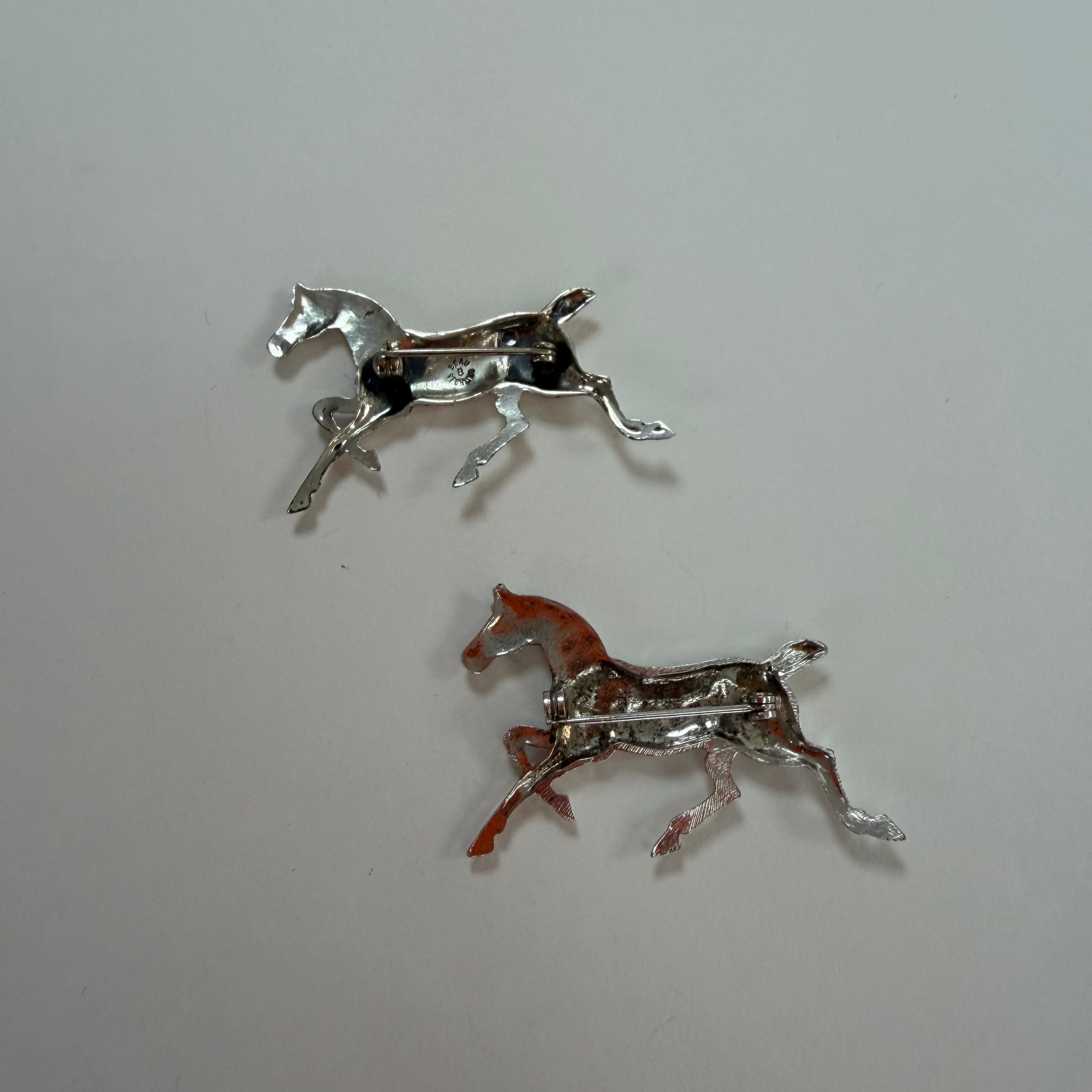 Set of 2 Silver Running Horse Brooches