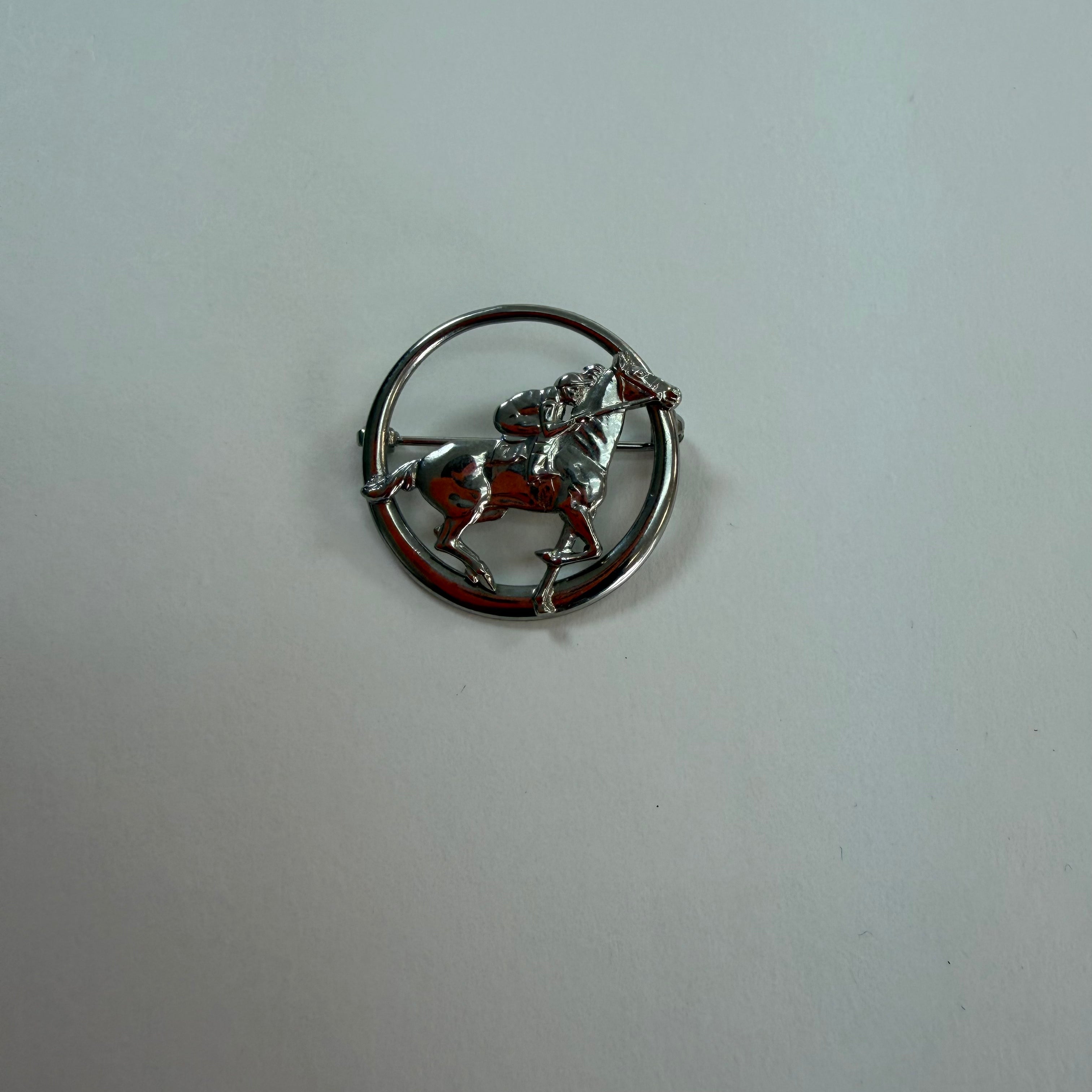 Silver Tone Encircled Racehorse Brooch