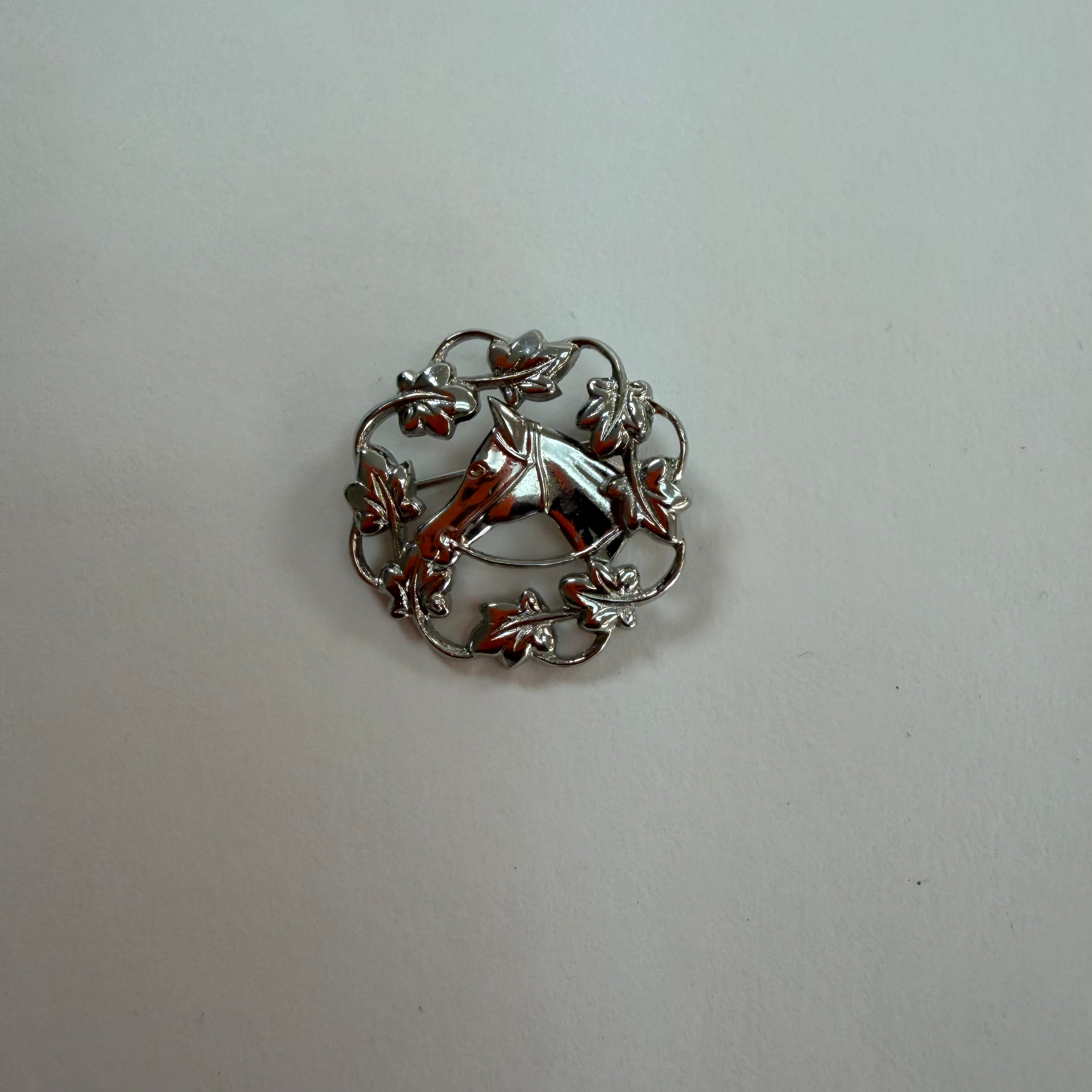 Silver Tone Laurel Racehorse Brooch