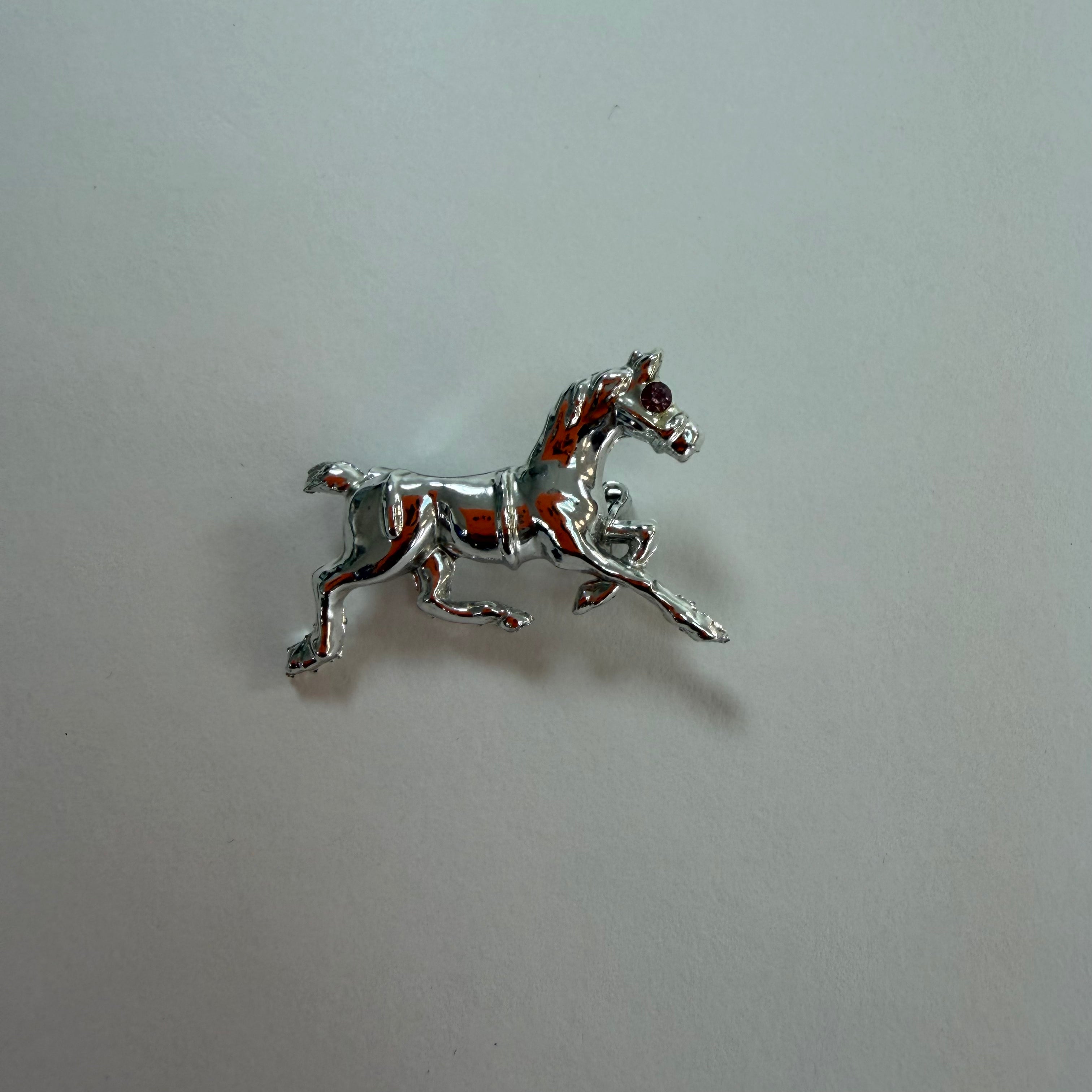 Silver Tone Pale Pink Jeweled Eye Running Horse Brooch