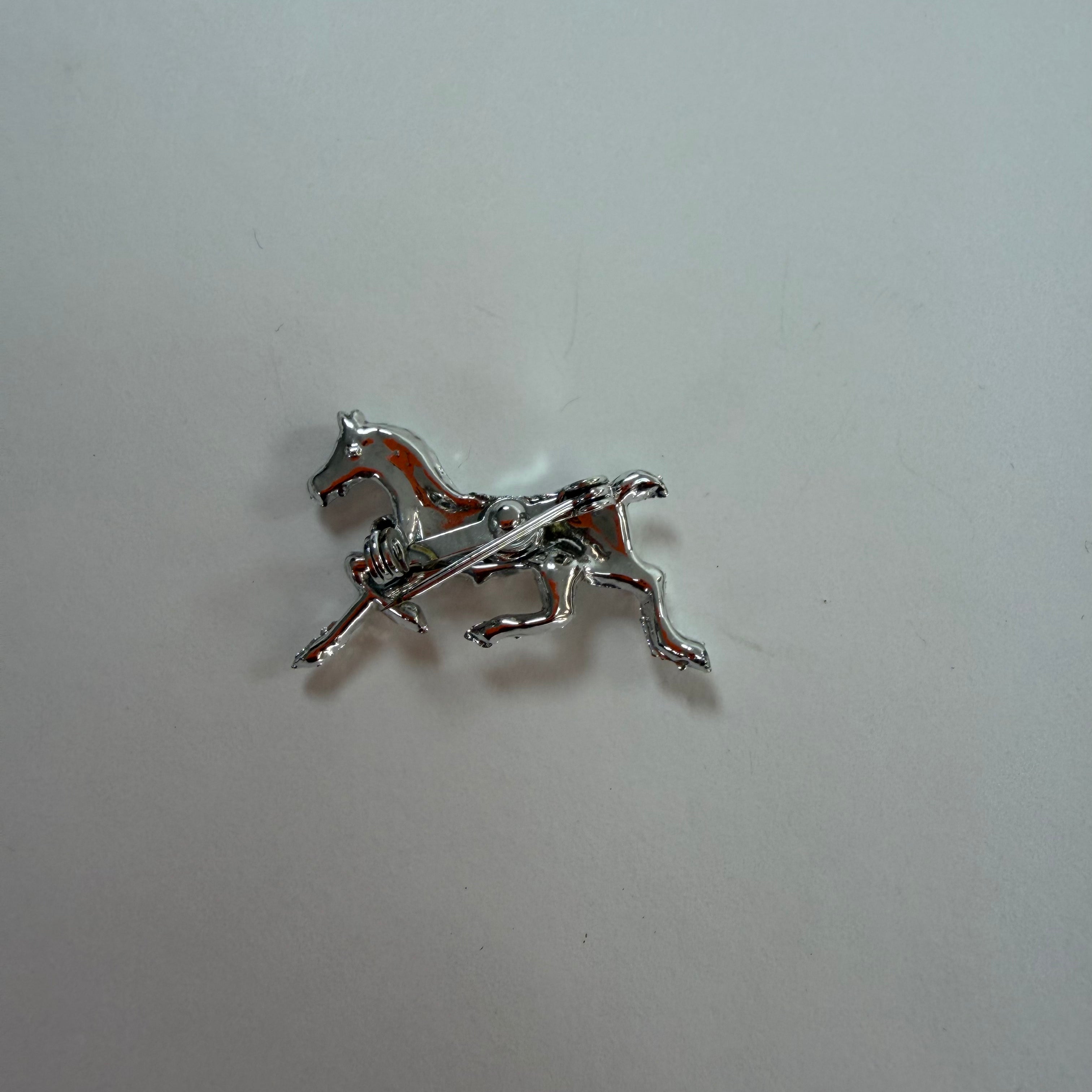 Silver Tone Pale Pink Jeweled Eye Running Horse Brooch