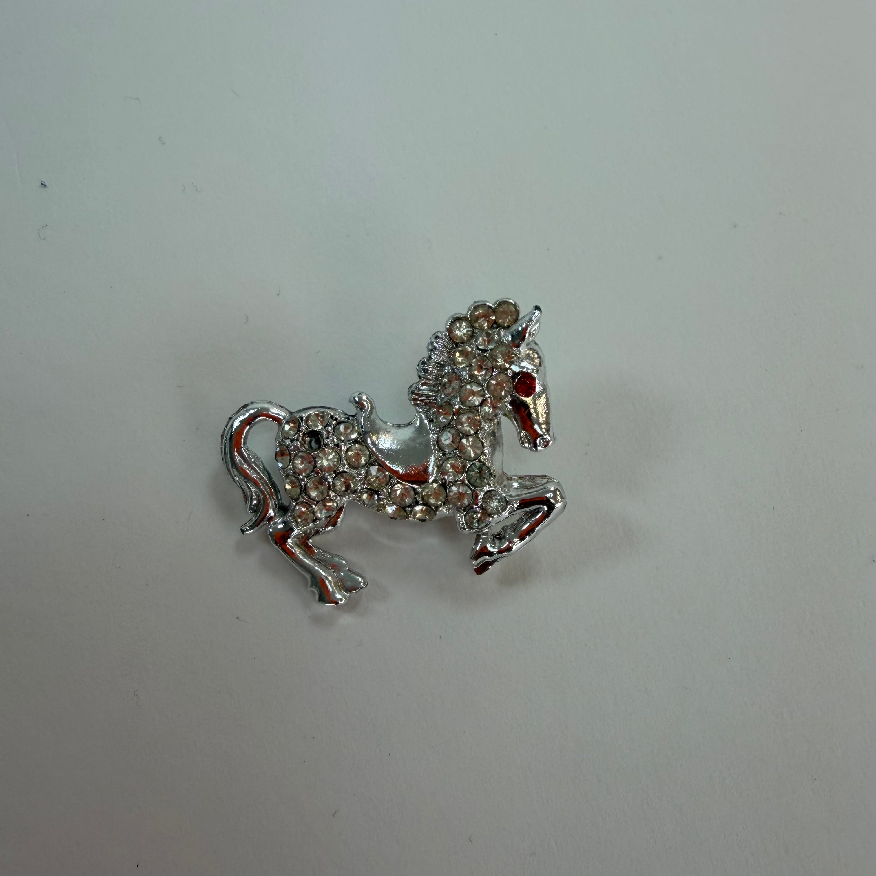Silver Tone Red Jeweled Eye Prancing Horse Brooch