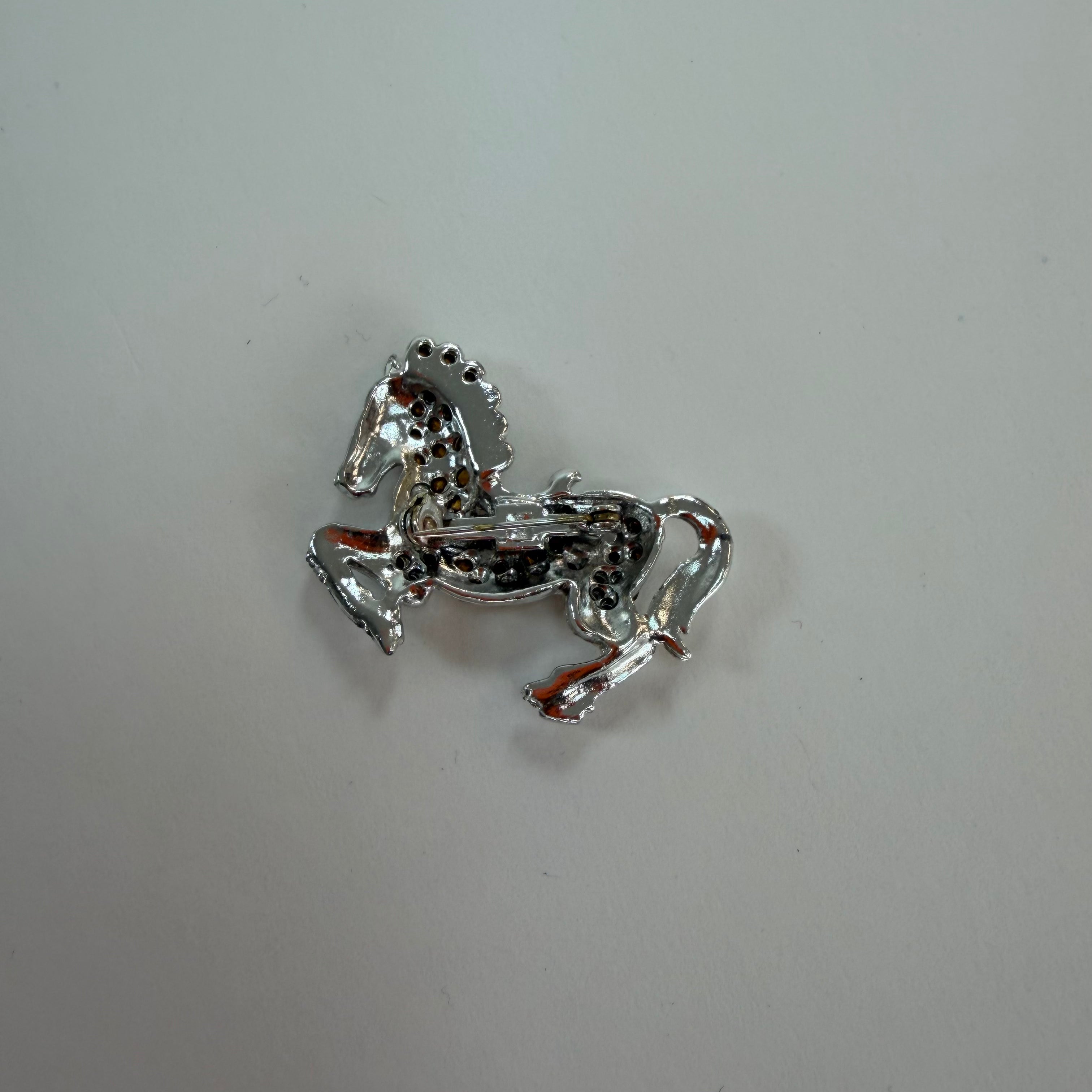 Silver Tone Red Jeweled Eye Prancing Horse Brooch