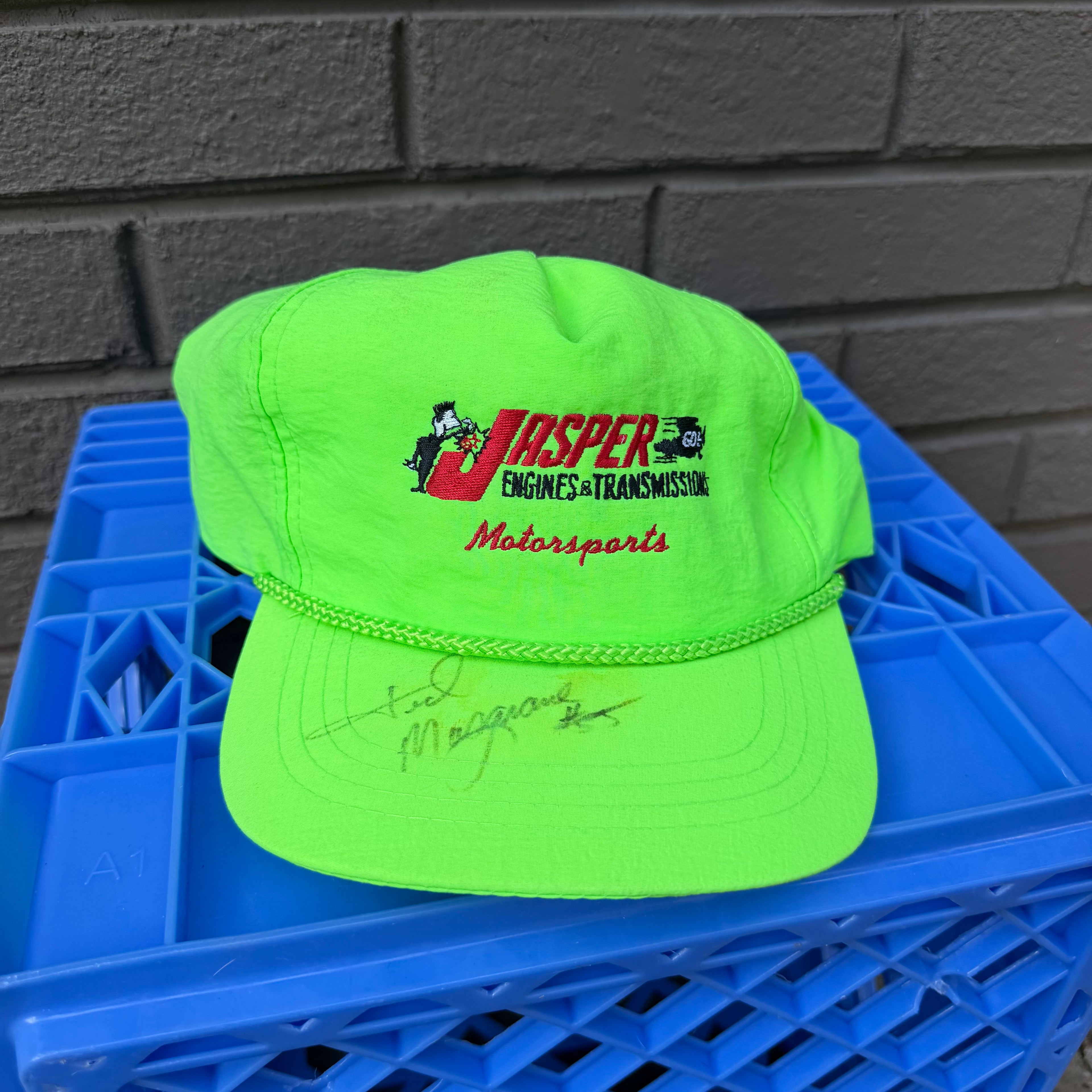 DEADSTOCK 90s Jasper Motorsports  Autographed Neon Nylon Snapback