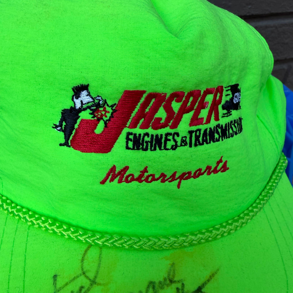 DEADSTOCK 90s Jasper Motorsports  Autographed Neon Nylon Snapback